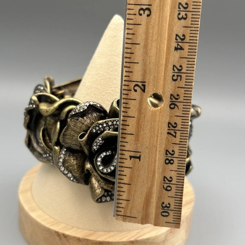 Vintage Rose Statement Bracelet Bronze Crystals Romantic HEAVY